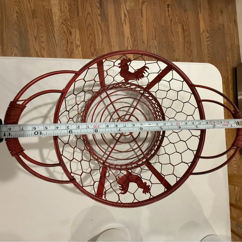 Red Rooster red wired metal basket approximately 7” diameter